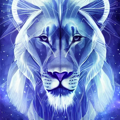 Image similar to geometric symmetrical lion with galaxy eyes in space, nebula in the background, intricate, elegant, highly detailed, digital painting, artstation, concept art, smooth, sharp focus, illustration, art by artgerm