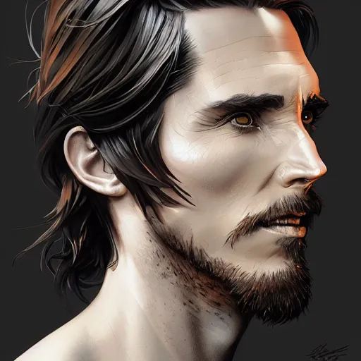 Image similar to anime Portrait of Christian Bale, intricate, wild, highly detailed, digital painting, artstation, concept art, smooth, sharp focus, illustration, art by artgerm and greg rutkowski and alphonse mucha and Hajime Sorayama