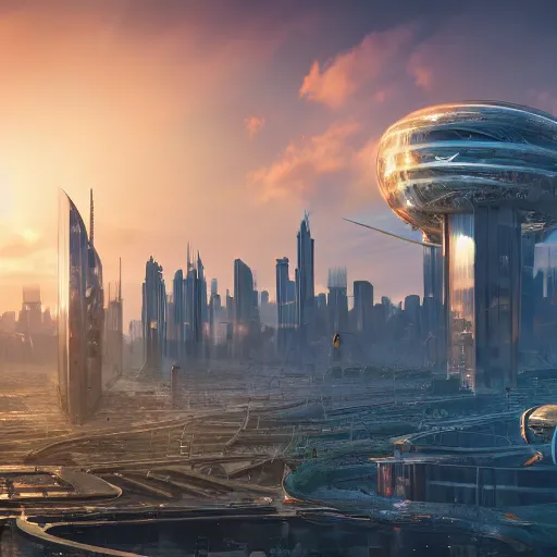 Image similar to bio-futurism, utopian city,differential growth,city panorama,beautiful sunset,panoramic,boris vallejo,luis royo,michael whelan,photorealistic,unreal engine 5,octane render,detailed