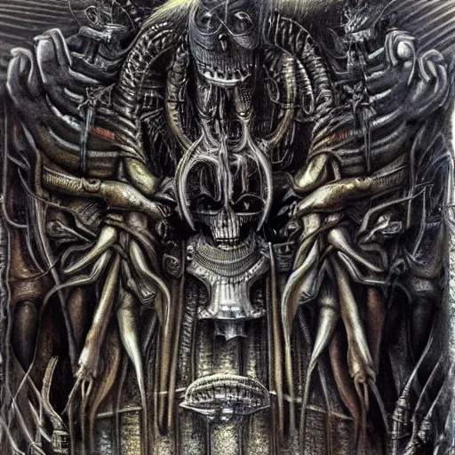 Image similar to battle between gods of all religions, airbrush painting by hr giger, illustration, intricate detail, award winning work,