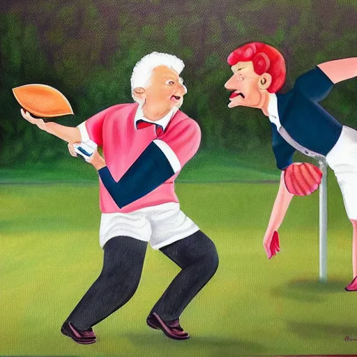 Prompt: A hyper realistic painting of old times politicians with wigs, playing American football with a watermelon on a golf course. Award winning, 4K