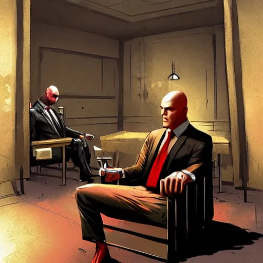 Prompt: agent 4 7 with a silenced pistol approaching a man in a chair, by marc simonetti