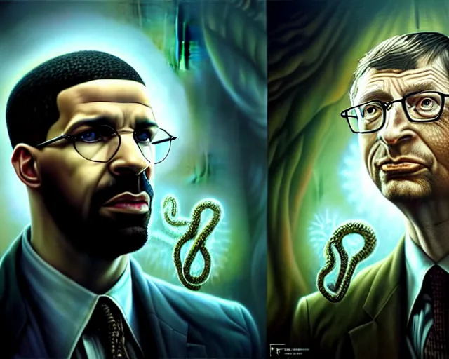 Prompt: lovecraft biopunk portrait of drake and bill gates, fractal background, by tomasz alen kopera and peter mohrbacher