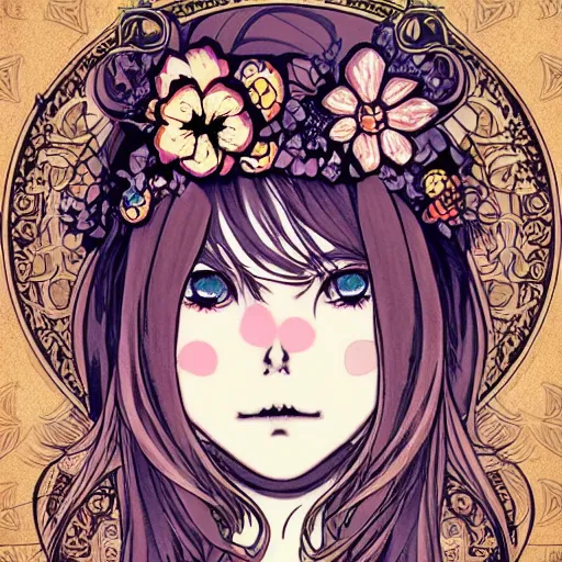 Prompt: anime manga skull portrait young woman hair floral crown fairytale comic jim lee skeleton illustration style by Alphonse Mucha warhol pop art nouveau