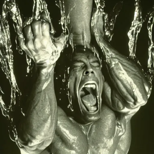 Image similar to 1 9 9 0's wwe publicity photo, a giant muscular man covered in wet reflective slime crawling out of a giant slimy wet cocoon, screaming in agony, inside a secret occult dark evil lab, ultra - detailed, photorealistic