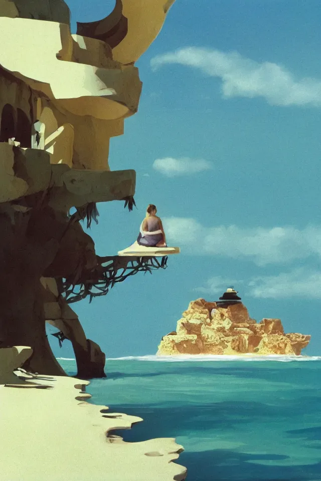 Image similar to seashell house where a hermit girl lives, atmospheric cinematography by syd mead and emmanuel lubezki