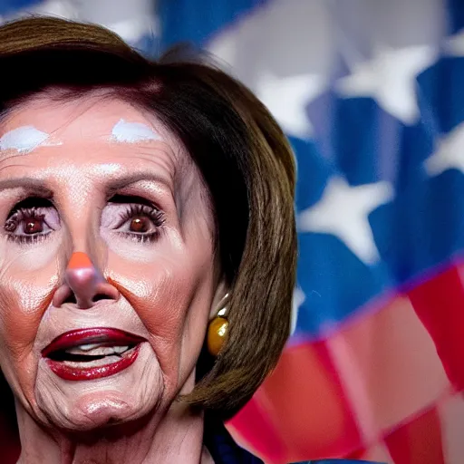 Image similar to Nancy Pelosi with colorful clown makeup all over her face