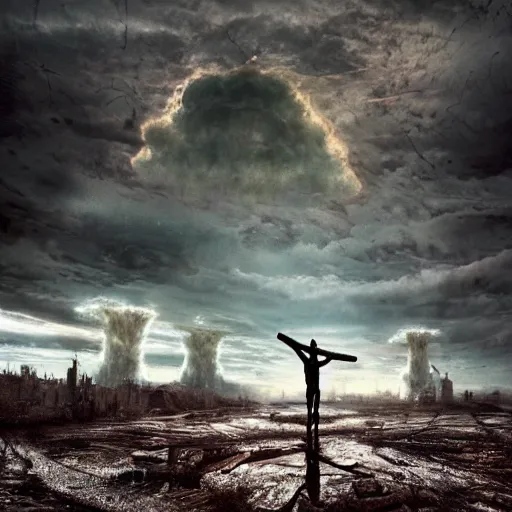Prompt: postapocalyptic picture of a crucified man, ruins around, nuclear explosion, erik johansson style, conceptual art, the last day on the earth, insane detail hyper realistic 8 k textured