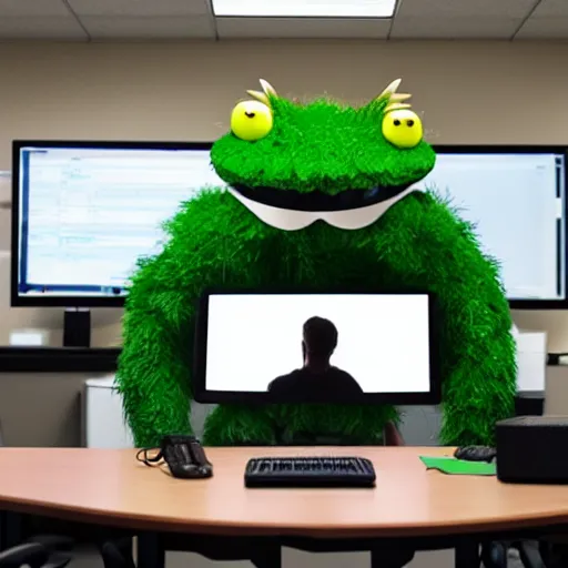 Image similar to a salad monster sits on a monitor inside an office