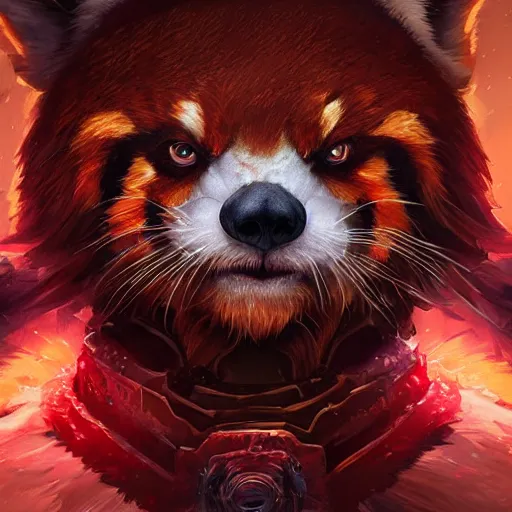 Image similar to red panda as wrath of the lich king character, digital illustration portrait design, by android jones and greg rutkowski, retrowave color scheme, detailed, cinematic lighting, wide angle action dynamic portrait