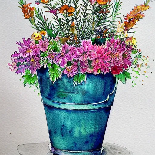 Image similar to a beautifull intricate watercolor painting of potted planter with flowers inside sitting on wet sidewalk, reflexions, high details by stephanie law art
