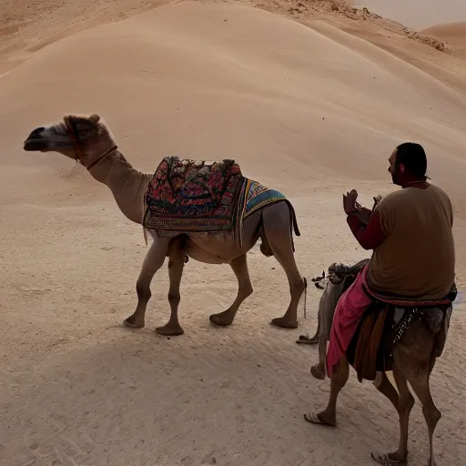 Image similar to a morbidly obese person riding a camel, photography, egypt, cinematic,