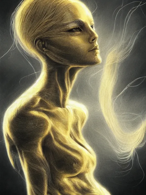 Prompt: golden pencil drawing of beautiful robot - cat woman face, goddess, beautiful blonde hair flying in the wind, hyper realistic face, in the style of greg rutkowski, beksinski, fantasy, amazing detail, epic, elegant, smooth, sharp focus, from the front, octan render