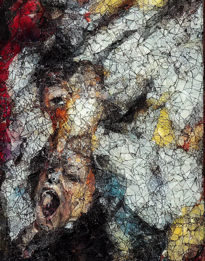 Prompt: screaming dynamism of languid god detailed and highly reliefed analogue mixed media collage with canvas texture in style of contemporary art, punk art, photorealistic, expressionism, minimalism. masterpiece, perfect composition, photorealistic beautiful face, spectacular quality, intricate details, shattered glass textures