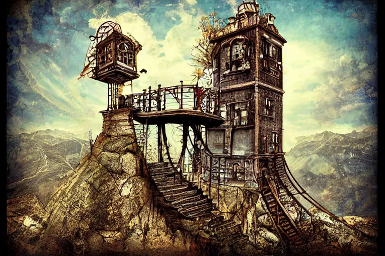 Prompt: the impossible clock tower on the top of a mountain, steampunk art, digital art, wide angle view