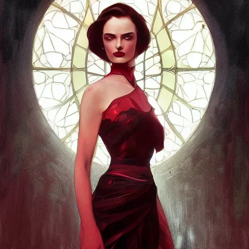 Image similar to “ daria strokous as a movie femme fatale, smiling, with blood red lips, intricate, elegant, highly detailed, digital painting, artstation, concept art, smooth, sharp focus uhd 8 k, art by artgerm and greg rutkowski and alphonse mucha ”