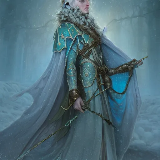 Image similar to an epic concept art of a handsome androgynous snow elf in a turquoise cape and glittering silver ornate armour stringing a bow, albino skin, winter vibes, evocative dramatic mood, intricate, elegant, by tomasz alen kopera and alphonse mucha, sharp focus, octane render, unreal 5, trending on artstation