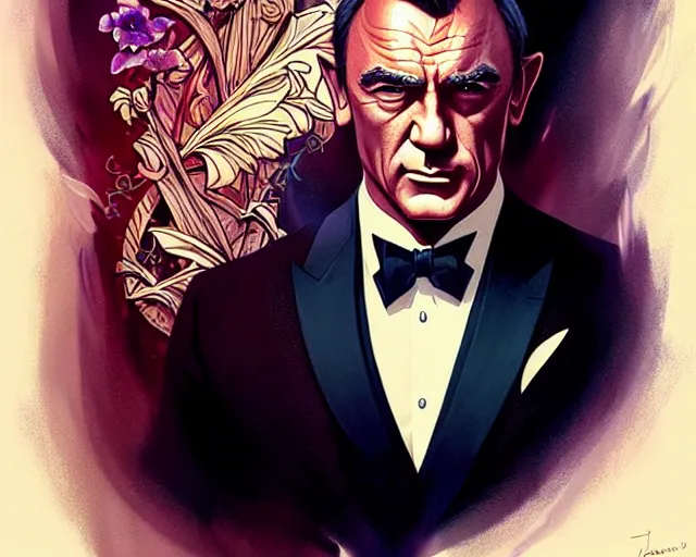 Image similar to James Bond Sean Connery, art nouveau, fantasy, intricate flower designs, elegant, highly detailed, sharp focus, art by Artgerm and Greg Rutkowski and WLOP