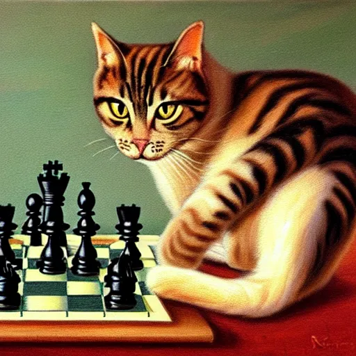 Image similar to a cat playing chess looking wise, rococo oil painting