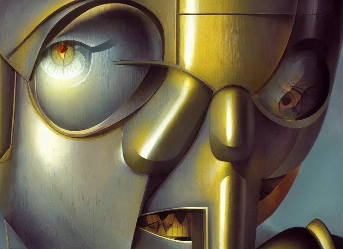 Image similar to asymmetrical portrait headshot of sci fi metallic human, bright eyes, melancholic complex geometric figure liminal biomechanics by oskar schlemmer, moebius, john berkey, film grain, oil on canvas, portrait facial head, featured on artstation, hd wallpaper, 8 k, bright colors, global radiant light