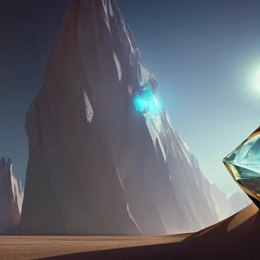 Prompt: huge angular vertical complex translucent crystal in the desert, reflection from the crystal is sparkling due to sun, small retro starship is near, futuristic hi-tech details, art by anthony macbain + greg rutkowski + alphonse mucha, concept art, 4k, sharp focus, cinematic render unreal engine