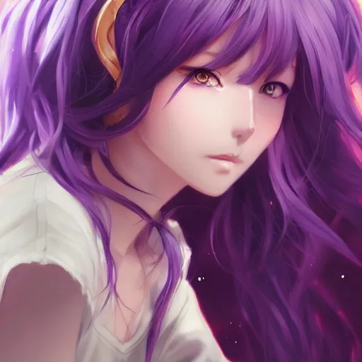 Prompt: An anime portrait of cute cat girl with long purple hair by Stanley Artgerm Lau, WLOP, Rossdraws, James Jean, Andrei Riabovitchev, Marc Simonetti, and Sakimichan, tranding on artstation