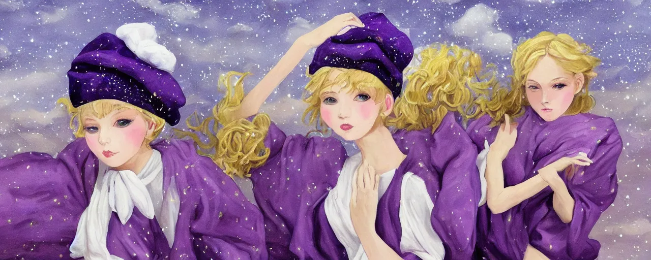 Prompt: A painting of many mysterious girls with short blond hair wearing an oversized purple Beret, Baggy Purple overall shorts, Short Puffy pants made of silk, Baggy pants, fancy dresses, silk shoes, a big billowy scarf, Golden Ribbons, and white leggings Covered in stars. Short Hair. Sunlit. Haute Couture. Dreamlike. Cloudscape. Fantasy Illustration. Art by william-adolphe bouguereau and Alexandre Cabanel and Anna Dittmann and WLOP and Artgerm and Johannes Helgeson. Smooth. Elegant. Highly Detailed. Intricate. 4K. UHD. Denoise.