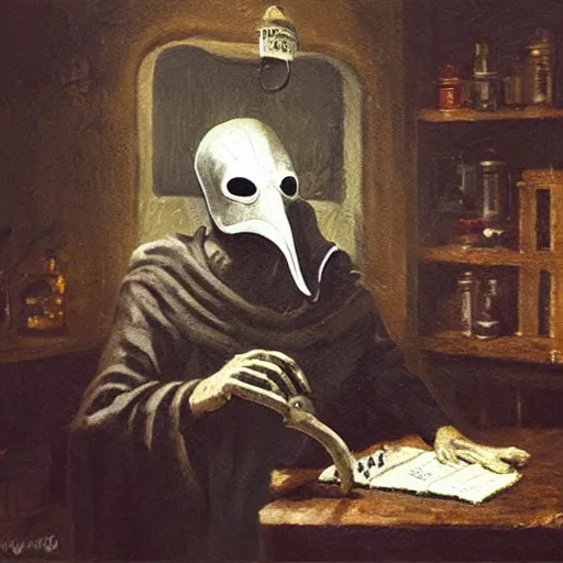 Image similar to plague doctor working in medieval apothecary, magical alchemy laboratory, oil painting, by Greg Rutkowski