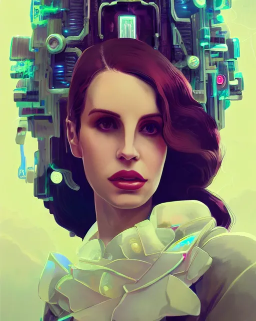 Image similar to portrait of lana del rey as a cyberpunk cyborg. roses, sci - fi, missing panels, intricate abstract upper body intricate artwork, by tooth wu, wlop, beeple, dan mumford. concept art, octane render, deviantart, greg rutkowski, cinematic, key art, hyperrealism, iridescent accents