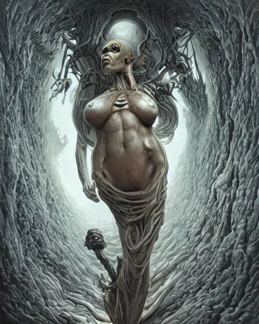 Image similar to death is swallowed up in victory, very detailed and beautiful womans face, screaming with fear, artwork by artgerm, centered shot, wide angle, full body, elfpunk, artwork by naoto hattori, giger, landscape art by john howe