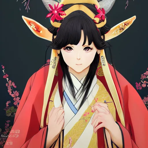 Image similar to A close-up anime portrait of Ssunbiki as a beautiful Japanese noblewoman with fox ears wearing a silk kimono from Skyrim, by a professional manga illustrator, Stanley Artgerm Lau, WLOP, Rossdraws, James Jean, Andrei Riabovitchev, Marc Simonetti, and Sakimichan, tranding on artstation