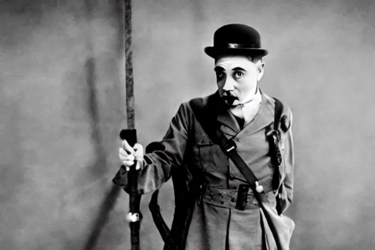 Image similar to Adolf Hitler as Charlie Chaplin in 'My Chap Chaplin' (2024), movie still frame, promotional image, imax 70 mm footage, oscar nominated cinematography, volumetric lighting, 8k resolution