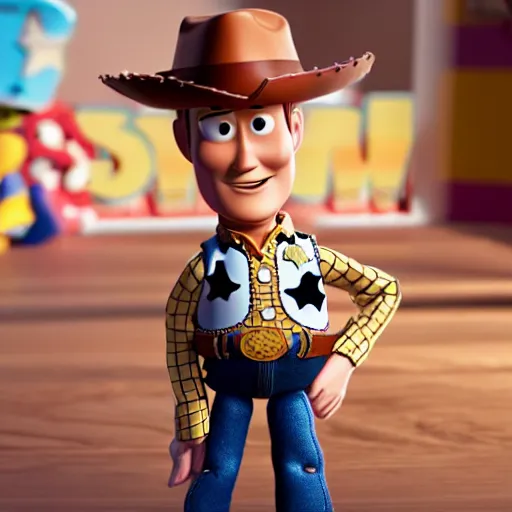 Prompt: woody harrelson as toy story's sheriff woody, high definition, hyperrealism, cinematic lighting