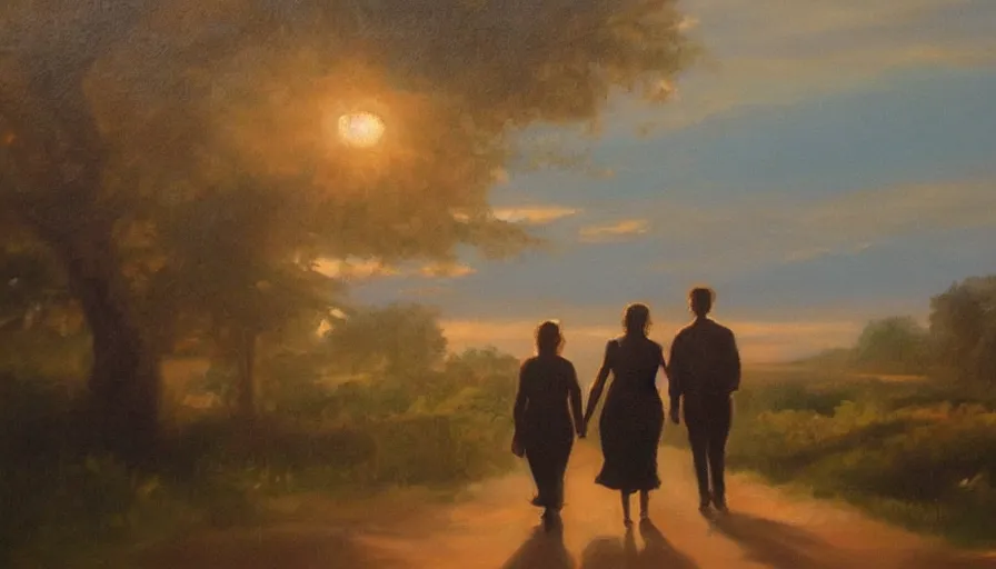 Image similar to oil painting, happy lovers leaving together, walking towards the sunset, cinematic lighting, wow, establishing shot