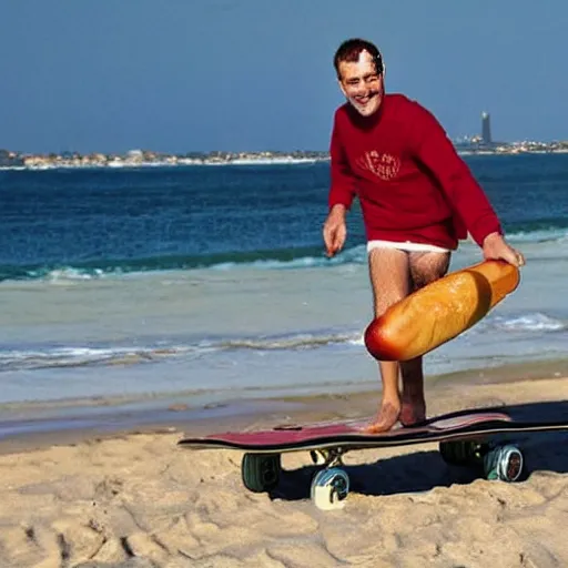 Image similar to man skateboards on a hot dog on a beautiful sunny beach, award winning photo of the year