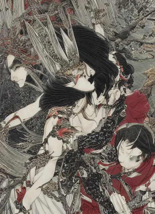 Image similar to battle between good and evil , battle between angels and demons, by and Takato Yamamoto and Yoshitaka Amano, high resolution, ultra detailed