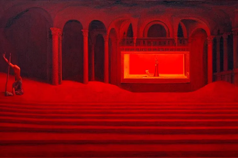 Image similar to only with red, a red melted emperor in an authoritarian position, taormina amphitheatre, crowd hails him, in the style of beksinski, parts by edward hopper, parts by rodcenko, parts by yue minjun, intricate and epic composition, red by caravaggio, insane quality, highly detailed, masterpiece, red light, artstation