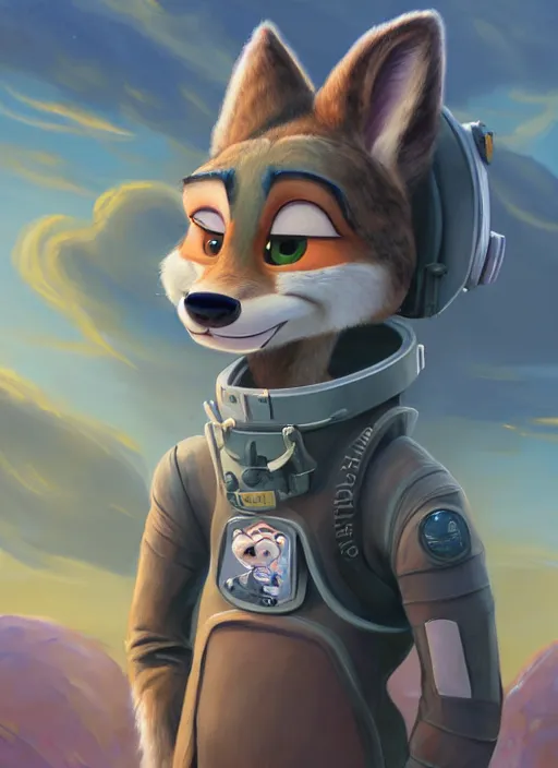 Image similar to oil painting detailed full body of anthromorphic female wolf, in style of zootopia, zootopia, zootopia, fursona, furry, furaffinity, 4 k, deviantart, furry art, fursona art, wearing astronaut outfit, in style of zootopia, wolf fursona, cyberpunk, female, expressive, detailed feminine face,