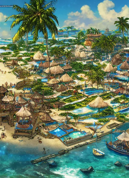 Image similar to Fantasy tropical port town view of the beach. hidari, color page, tankoban, 4K, tone mapping, Akihiko Yoshida.