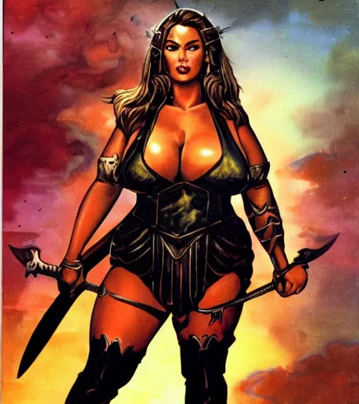 Prompt: 1 9 8 0 s fantasy novel book cover, bbw plus size amazonian sofia vergara in extremely tight bikini armor wielding a cartoonishly large sword, exaggerated body features, dark and smoky background, low quality print