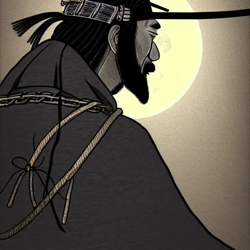 Image similar to a portrait from behind of a samurai man vagabond with a moon behind him, the samurai is wrapped in chains, detailed, illustration, concept art, ink style, sketch