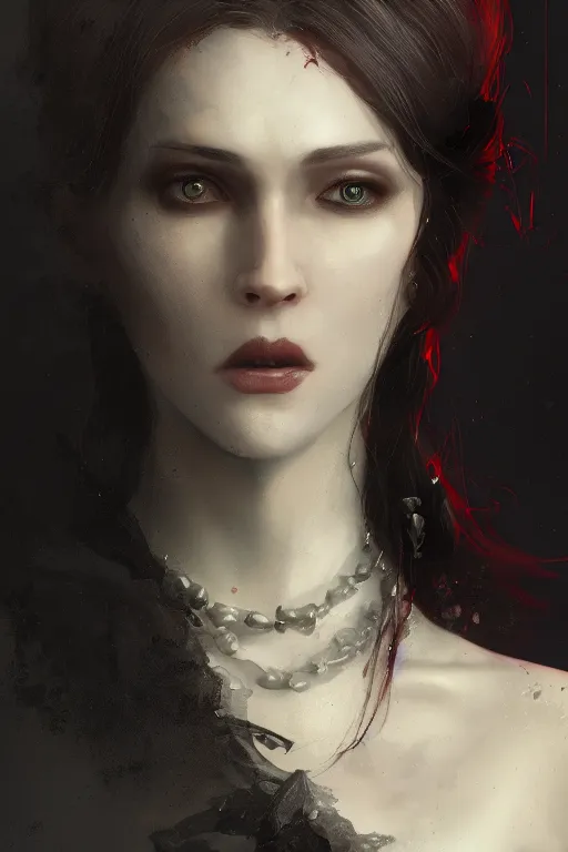 Image similar to A fancy portrait of a vampire women by Greg Rutkowski, Sung Choi, Mitchell Mohrhauser, Maciej Kuciara, Johnson Ting, Maxim Verehin, Peter Konig, Bloodborne, 8k photorealistic, cinematic lighting, HD, high details, dramatic, dark atmosphere, trending on artstation