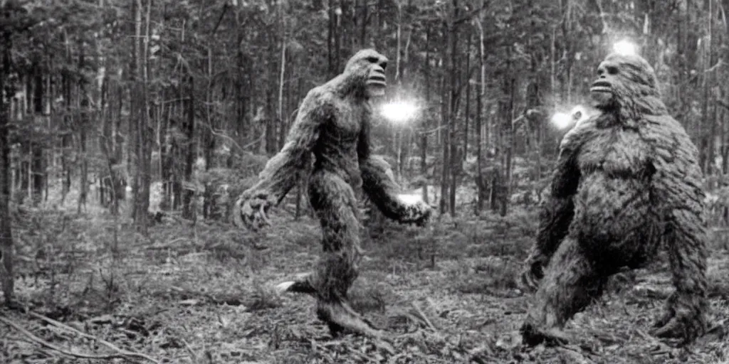 Prompt: : stereopticon photo of bigfoot fighting robot