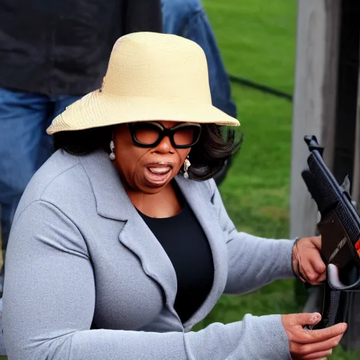Image similar to oprah winfrey robbing a bank with a shotgun