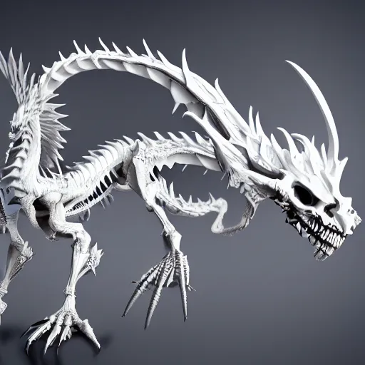Prompt: white dragon skeleton, studio photography, 4 k, black background