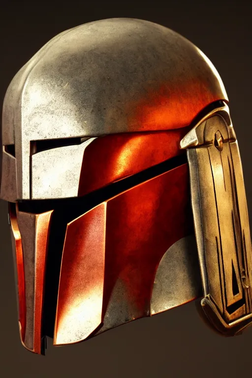 Image similar to an artistic and realistic 8k sculpture of a Mandalorian helmet, bright neon color, steampunk, dramatic lighting, silver gold red details, filigree, intricate details, cinematic, elegant, micro detail, octane render, filmic, interesting camera angle, head and shoulders, 8k post-processing, intricate art by John Collier and Alphonse Mucha and Greg Rutkowski