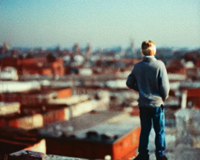 Image similar to lomo photo of man standing on the roof of soviet hrushevka, small town, cinestill, bokeh, out of focus