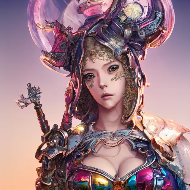 Image similar to studio portrait of lawful good colorful female holy mech paladin as absurdly beautiful, elegant, young woman, eye gear, ultrafine hyperrealistic detailed face illustration by kim jung gi, irakli nadar, intricate linework, sharp focus, bright colors, matte, octopath traveler, final fantasy, unreal engine highly rendered, global illumination, radiant light, intricate environment