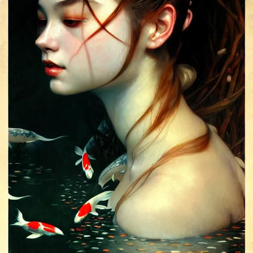 Image similar to Portrait of a girl surrounded by Koi fish, face, fantasy, intricate, elegant, highly detailed, digital painting, artstation, concept art, smooth, sharp focus, illustration, art by Heady Tale and Artem Demura and Norman Rockwell