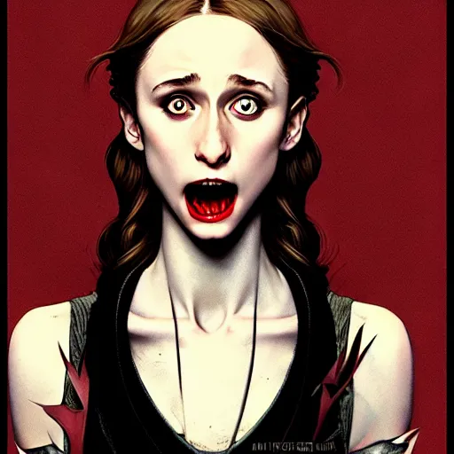 Prompt: in the style of Joshua Middleton and artgerm, Norman Rockwell, evil vampire Taissa Farmiga open mouth with large sharp fangs, waist up, middle shot, moody lighting